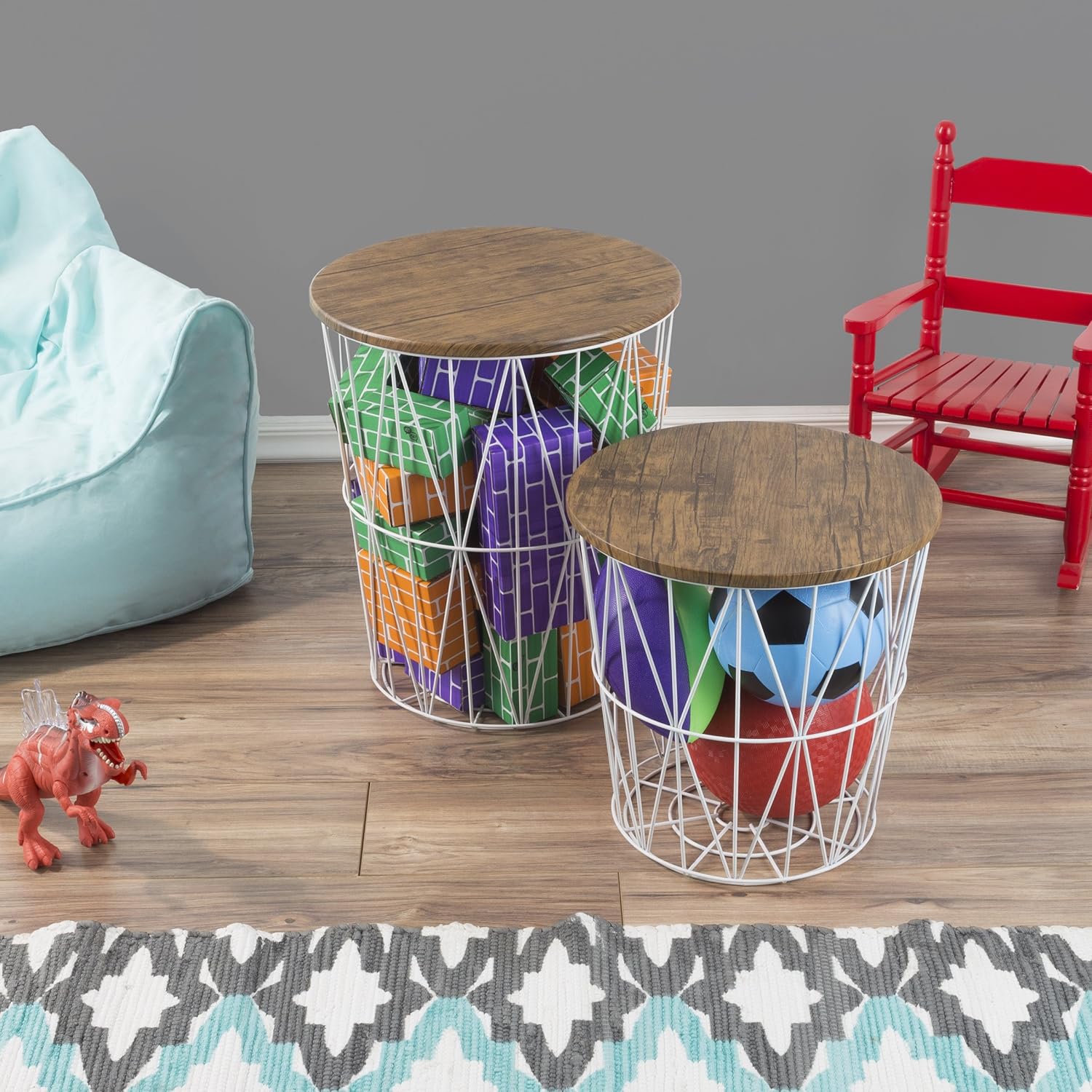 Lavish Home Convertible Round Metal Basket Veneer Wood Top Accent Side Home and Office Nesting End Tables with Storage- (Set of 2), White: Home & Kitchen