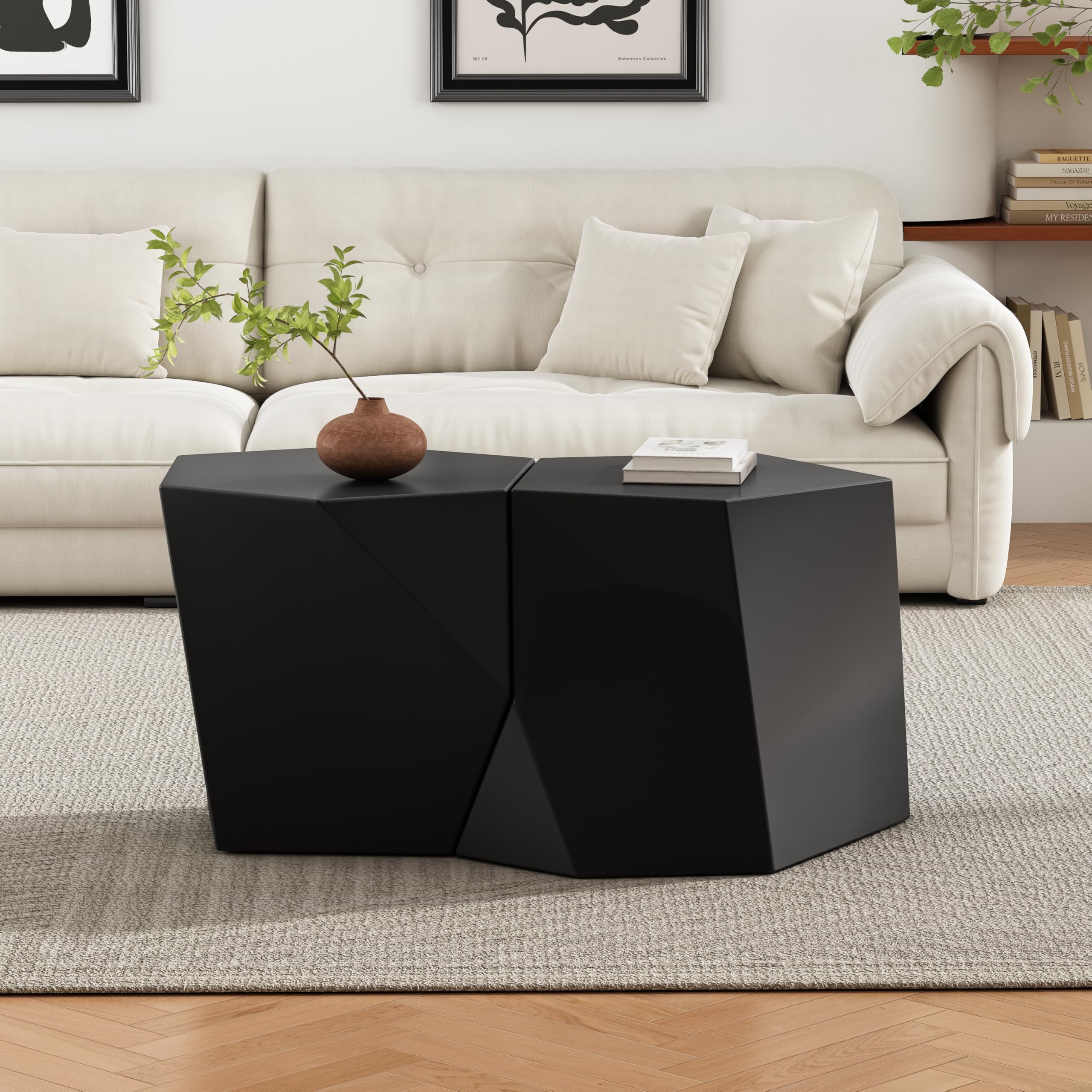 Photo 1 of *** PARTIAL SET *** Christopher Knight Home Skyles Coffee Table Set of 2, Geometric Lightweight Concrete Patio End Table, Contemporary Home Decor, Flexible Indoor Outdoor Coffee Tables, No Assembly Required, Black