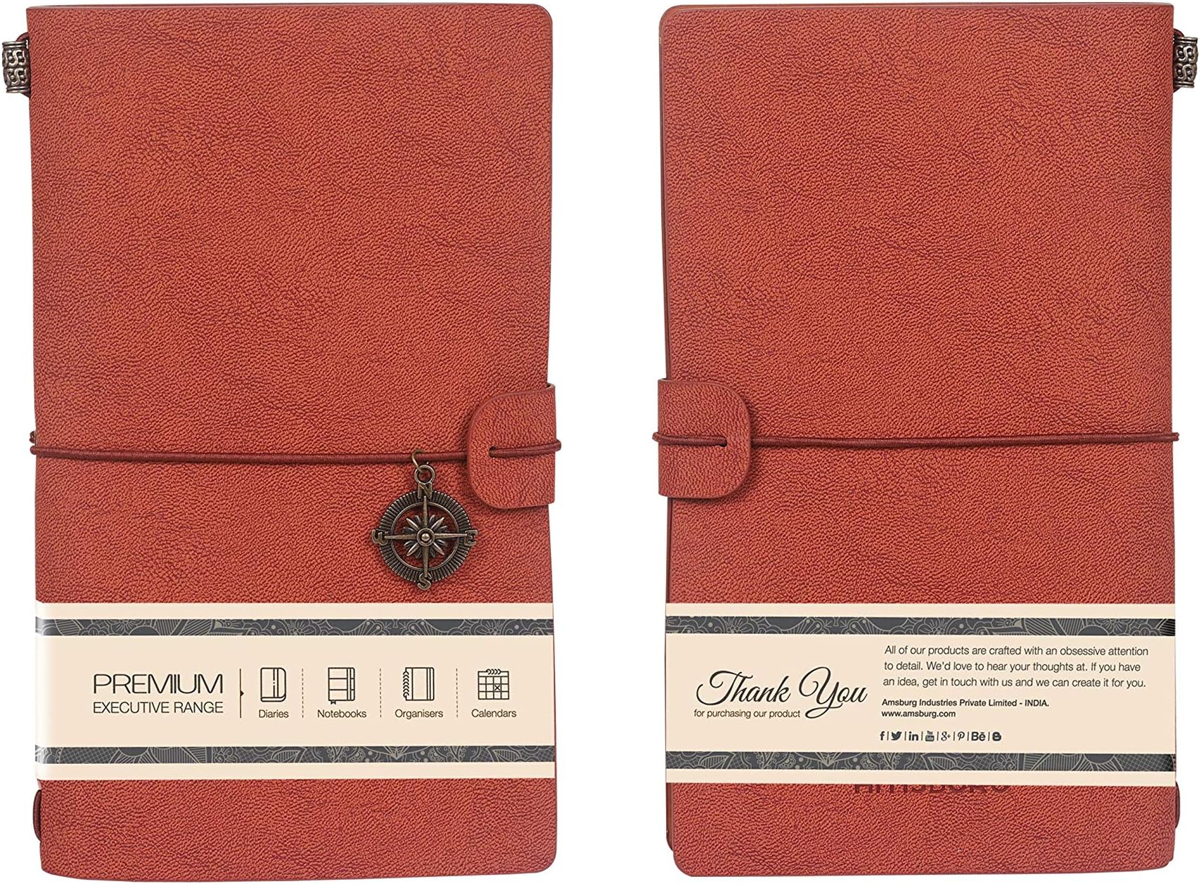AMSBURG Vintage Plain Anchor Classic PU Leather Notebook Diary with Zipper Pocket (Brown)