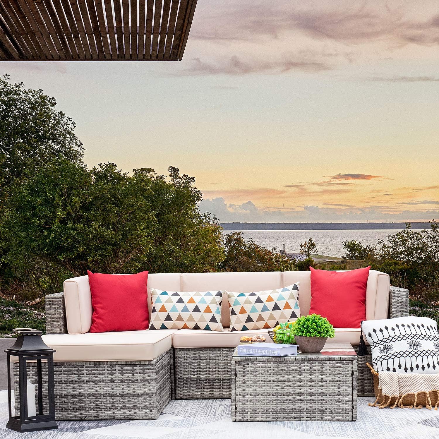 Amazon Com Victone 5 Pieces Patio Furniture Sectional Set Outdoor Clearance All Weather Pe Rattan Wicker Lawn Conversation Sets Cushioned Garden Sofa Set Grey Kitchen Dining