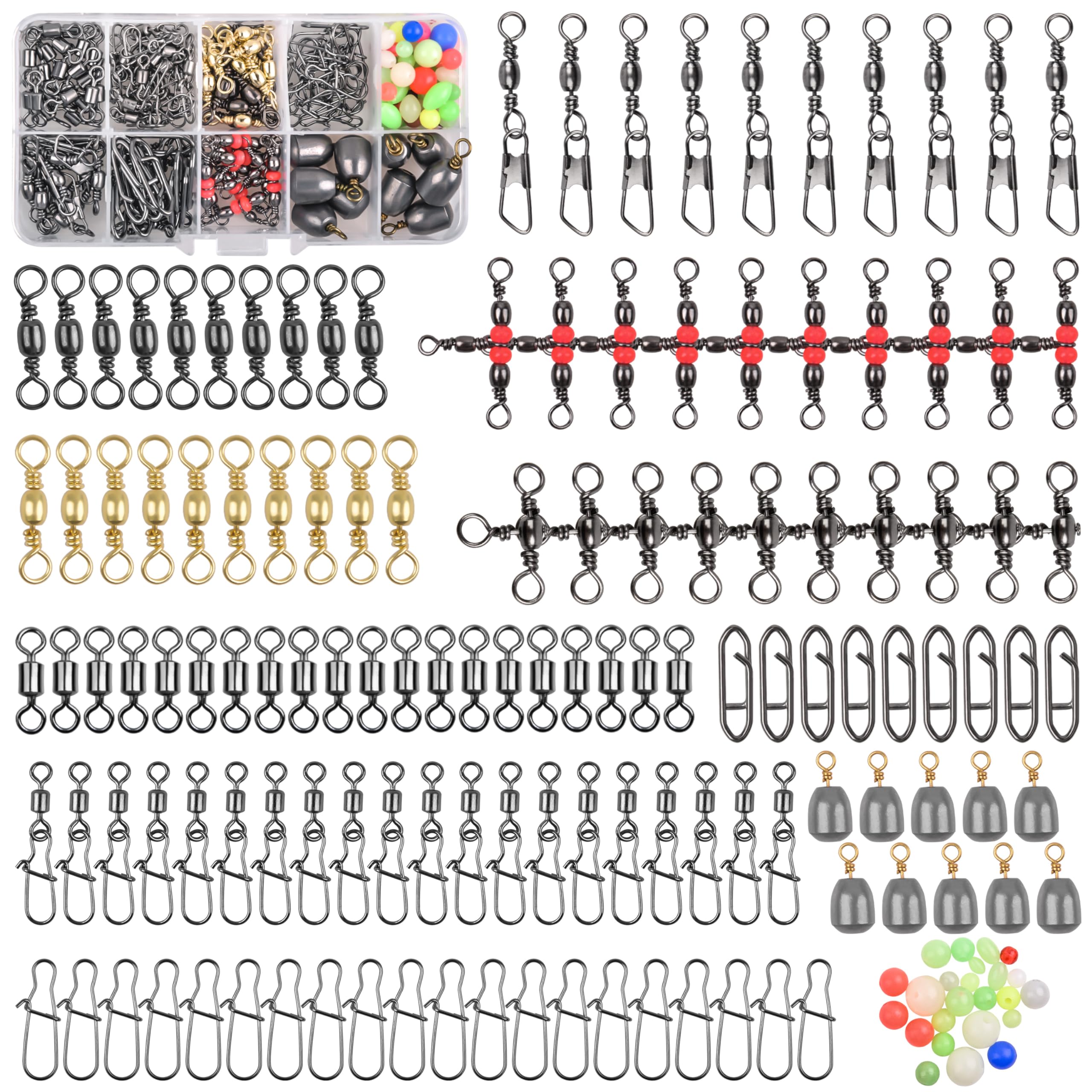 OROOTL Fishing Swivel Snap Accessories Tackle Box 160pcs Rolling Swivels Duo Lock Snap 3 Way Swivel Fishing Sinker Weights Beads Cross Line Connector Freshwater Saltwater