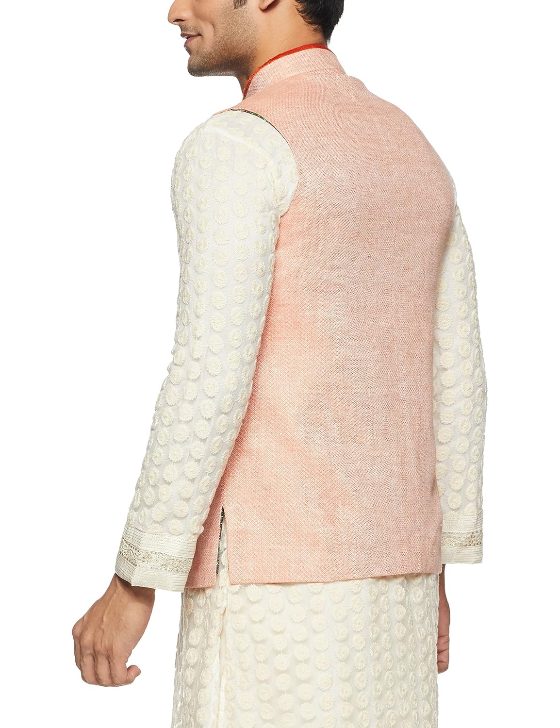 manu men's banded collar art silk waist coat