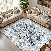 jinchan Fiora 6x9 Area Rug for Living Room Machine Washable Vintage Floral Distressed Design Stain Resistant Boho Carpet Ultra-Thin Low Pile Non-Slip Rug for Bedroom Home Office(6'x9', Dark Blue)
