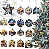 Quelay 24 Sets Christmas Nativity Scene Ornaments Gifts Blessing Cards Gift Bags Jesus Nativity Religious Hanging Ornaments with Ropes Christian Christmas Decorations for Tree Church Xmas Office