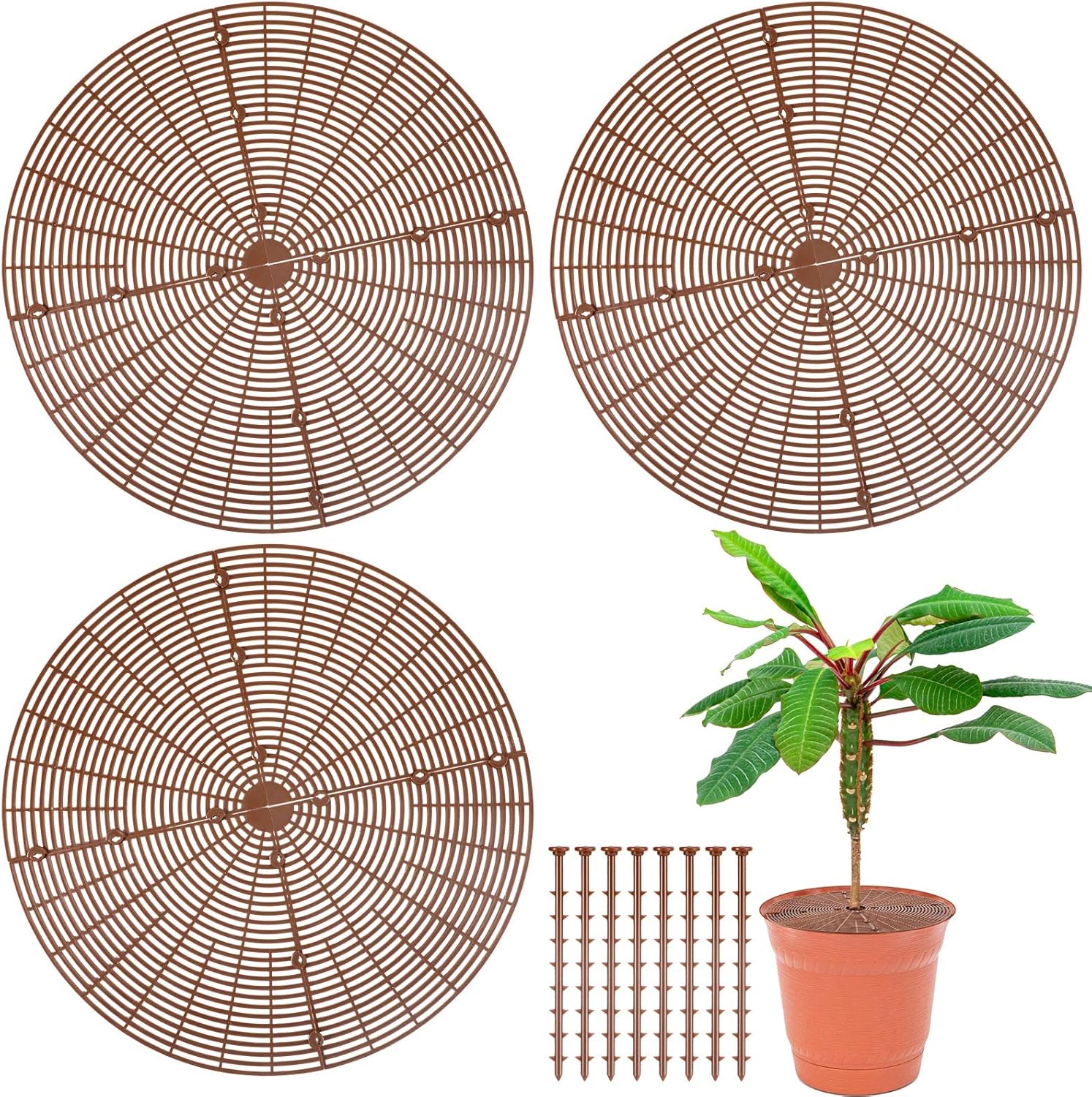 Decorative Garden Stakes - Sawysine 3 Pcs Plant Pot Grid with Center Cutout Cuttable Flower Cover Soil Protectors from Animals Safety Stake Cat PET Digging Stopper Gardening (, 20.5 Inch), coffee