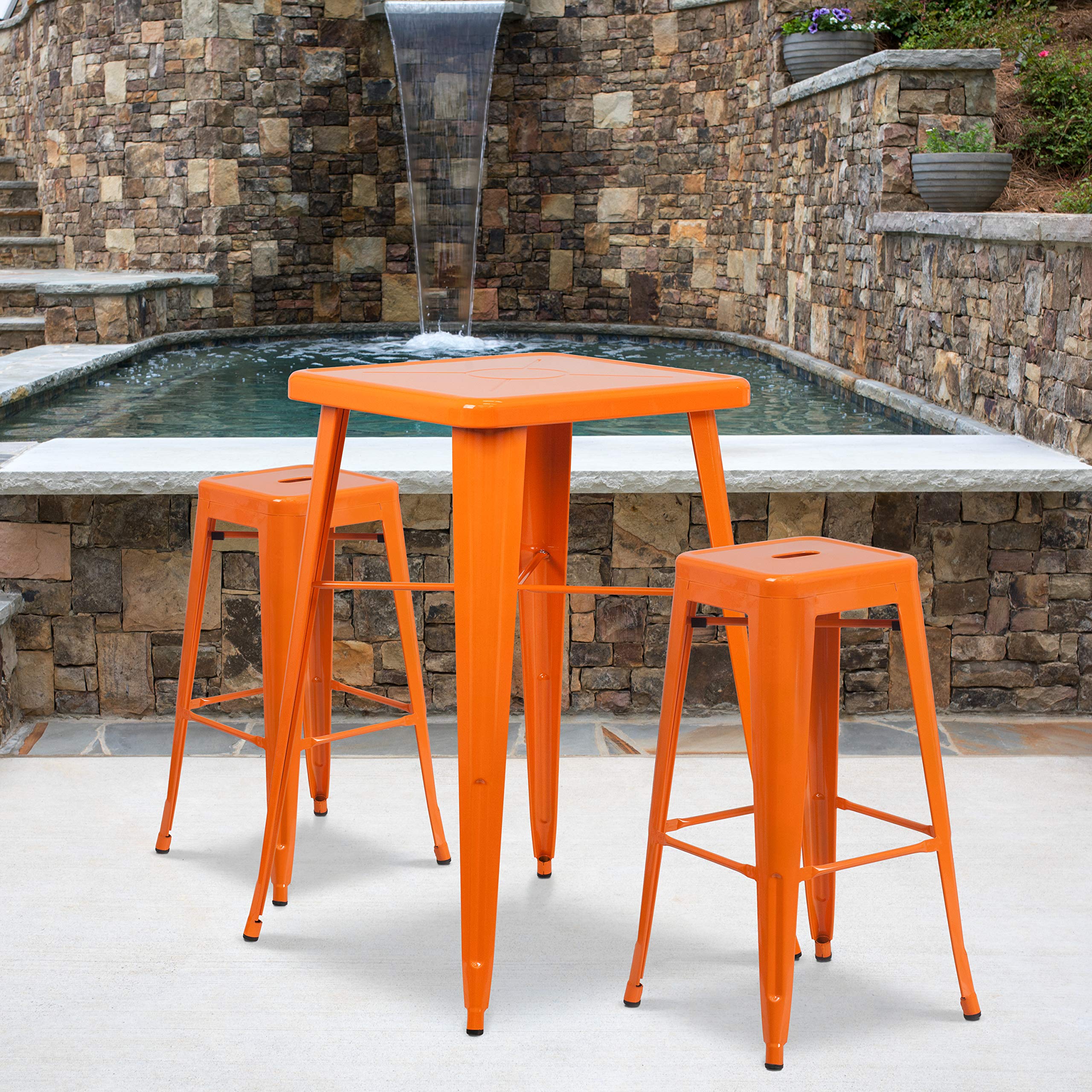 Flash Furniture Commercial Grade 23.75" Square Orange Metal Indoor-Outdoor Bar Table Set with 2 Square Seat Backless Stools