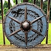 Carfar Medieval Vikings shield, 24" Wood &amp; Steel Armor Battle Ready Warrior Round Decorative Handmade Blue, Dragon Printed Shield