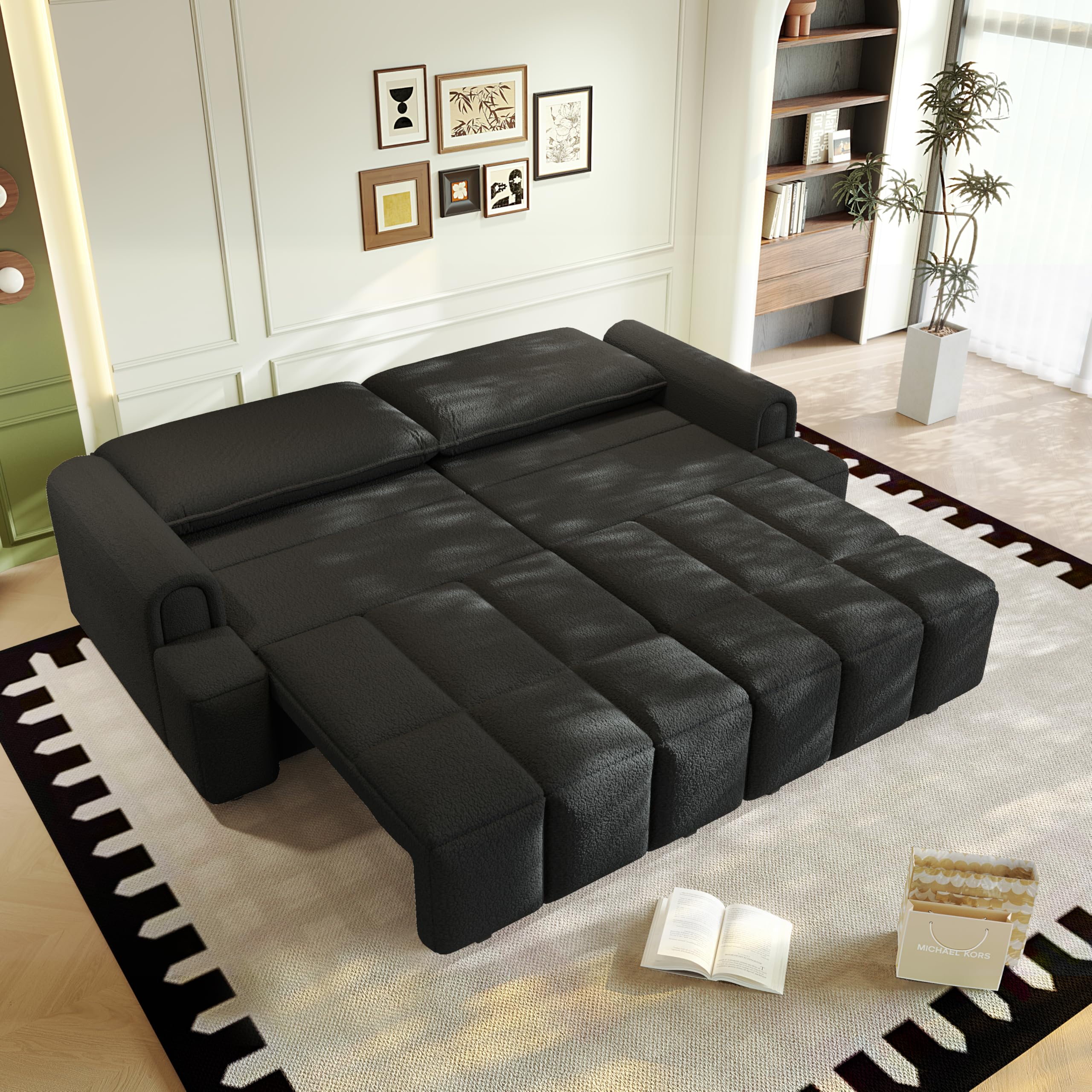 Photo 1 of KEIKI 90.2" Modern 3-in-1 Sleeper Sofa Bed – Teddy Fabric 4-Seater Couch with Storage, King Size Convertible Sofa for Office, Guest Room, Home Workspace, Reclining Sofa Bed with Casters