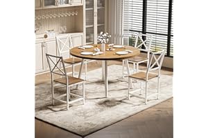 IRONCK Dining Table Set for 4, Round Kitchen Table and 4 Stool Chair for Dining Room, 44.5inch Drop Leaf Desk, Small Space Saving, Natural Wood