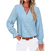 RUMIA Womens Blouses V Neck Eyelet Lace Tops with Lining Dressy Sheer Long Sleeve Shirts Embroidered Blouses 2025 Fashion