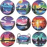 8 Pcs Diamond Art Coasters Kits with Holder, Landscape DIY Diamond Paintings Coaster Kits,Scenery Full Drill Rhinestone Painting Kits for Adults Beginners Art Craft Supplie for Tabletop Protection.
