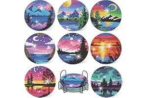 eniref 8 Pcs Diamond Paintings Coasters Kits with Holder,DIY Scenery Coaster Diamond Art Kits,Full Drill Rhinestone Painting Kits for Adults & Kids,Beginners Art Craft Supplie