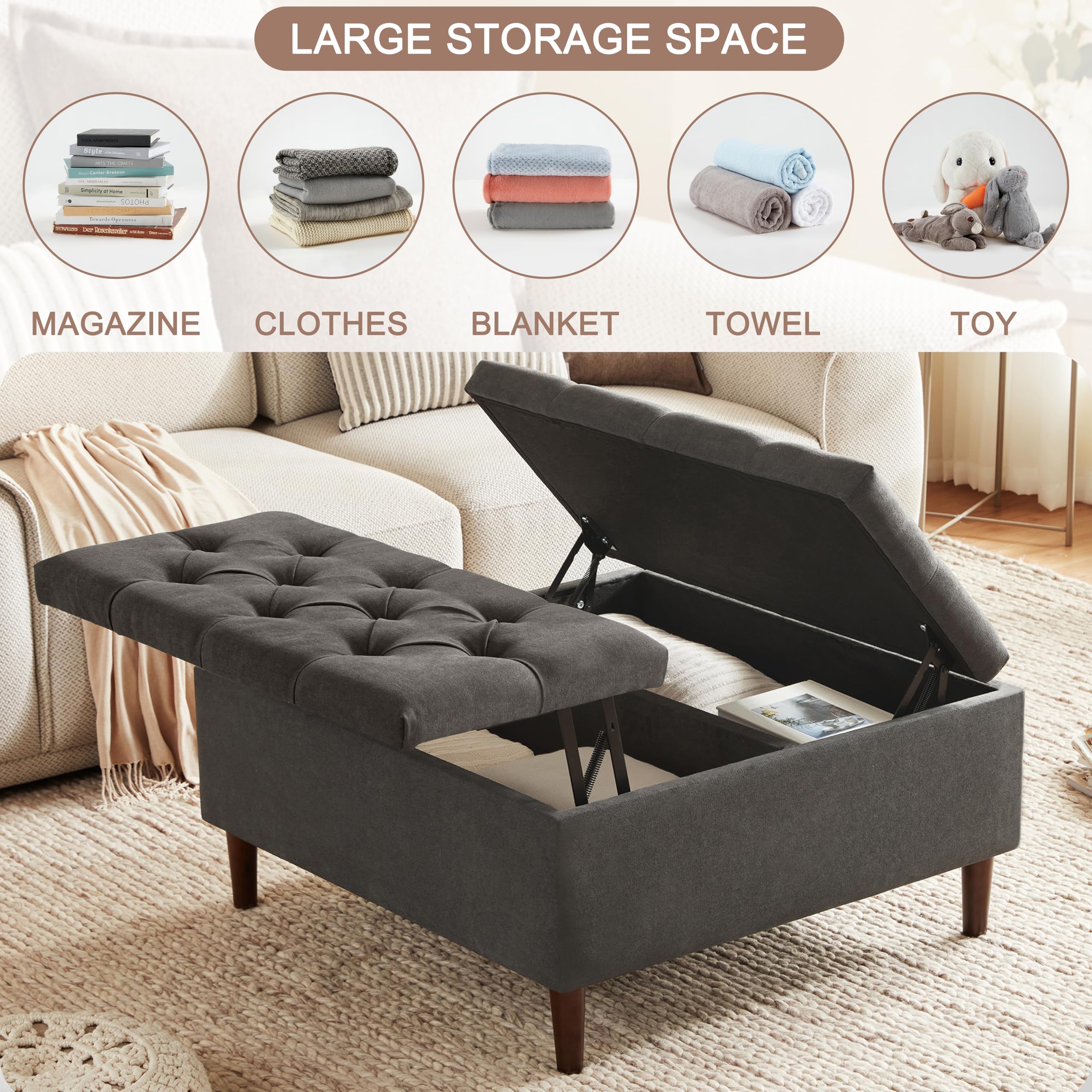 Weture 35 Inch Extra Large Storage Ottoman Coffee Table No Assembly Required, Oversized Square Ottoman with Storage, Tufted Upholstered Ottoman Coffee Tables for Living Room (Fabric, Dark Grey) - Image 3