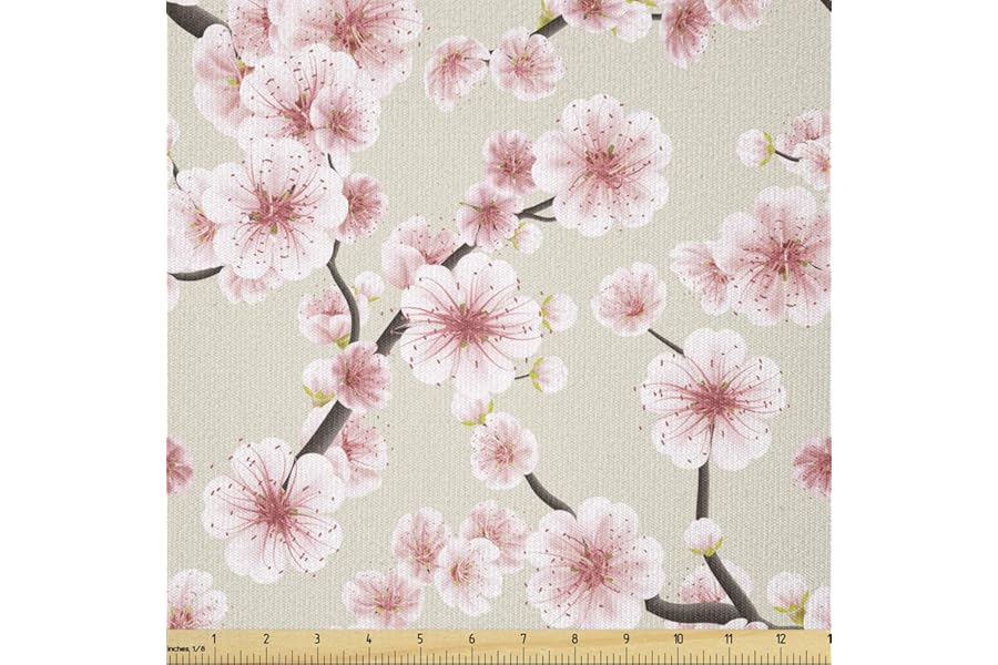 Ambesonne Asian Fabric by The Yard, Japanese Flowering Cherry Blossom Symbolic Coming of Spring Season Eastern Inspired, Stretch Knit Fabric for Clothing Sewing and Arts Crafts, 2 Yards, Beige Rose