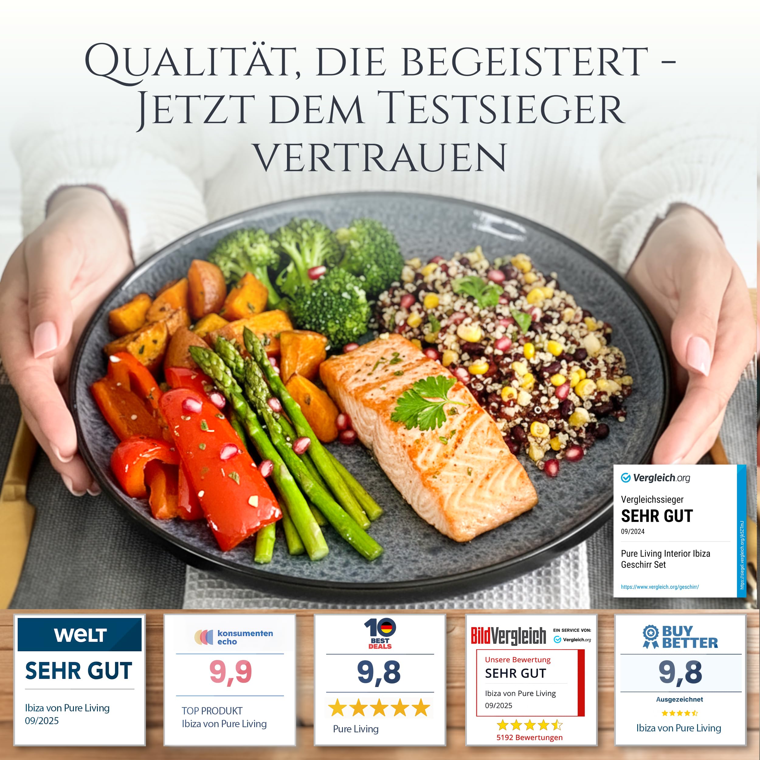 Steingut Geschirrset 6 Personen Ibiza 24 tlg. TESTSIEGER, Traumhaftes Mediterranes Steingut Geschirr Set, Schüssel- und Teller Set, Tafelservice 6 Personen, Geschirrsets Pure Living in Grau 2