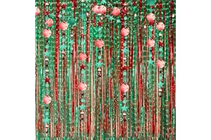 AINIBAR 4-Pack Christmas Foil Curtains - Metallic Red & Green Fringe Curtains with 2 Glitter Star and Circle Dots Garlands, Perfect for Holiday Party Decorations