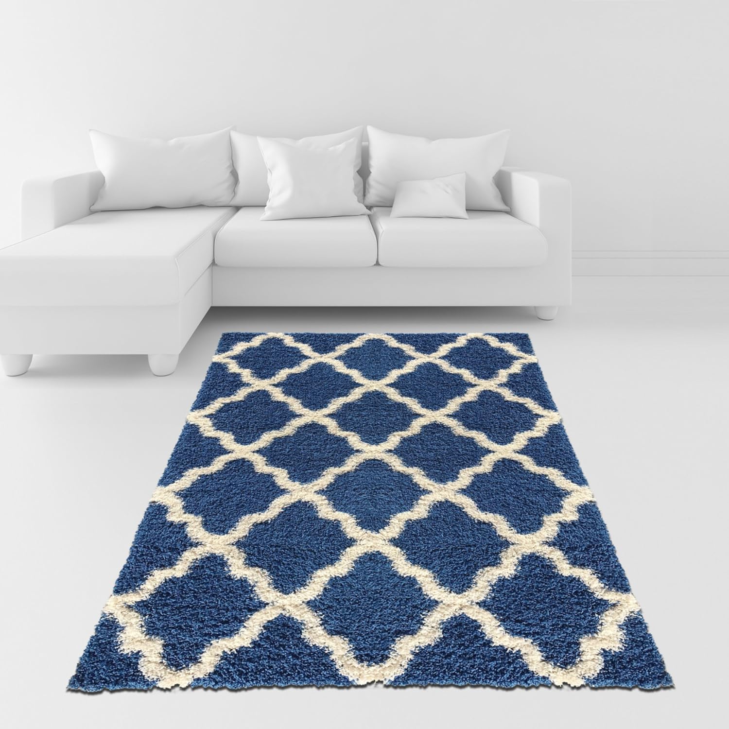 Amazon Soft Shag Area Rug 3x5 Moroccan Trellis Blue Ivory