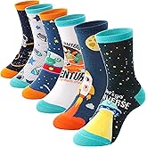 Anlisim 6 Pairs Boys Kids Socks Fun Crazy Funny Novelty Cartoon Space Rocket Dinosaur Crew Cotton Socks
