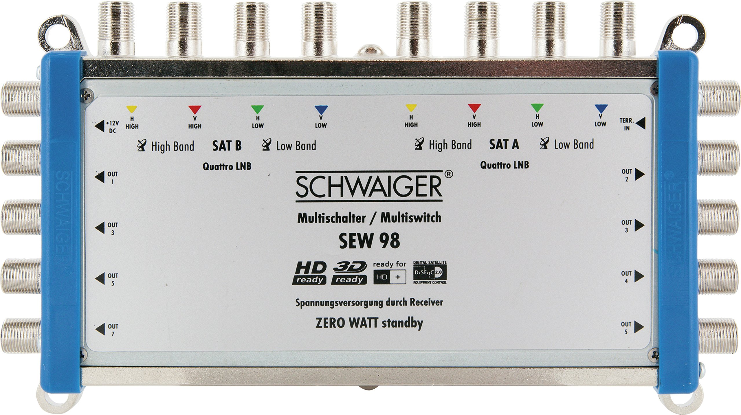 Schwaiger SEW98 531 Multi Switch 2 Satellite Positions Up to 8 Subscribers No Mains Required DVB-T2 Compatible Silver