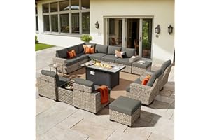 HOOOWOOO Outdoor Sectional Patio Furniture Set with Fire Pit Table,15 Pieces Wicker Conversation Sets L Shaped Couch,Extra Deep Out Door Sofa Outside Furniture with Swivel Chairs Ottomans,Black