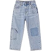 KIDSCOOL SPACE Baby Little Boys Jeans, Girls Elastic Waist Adjustable Ripped Patchworked Denim Pants