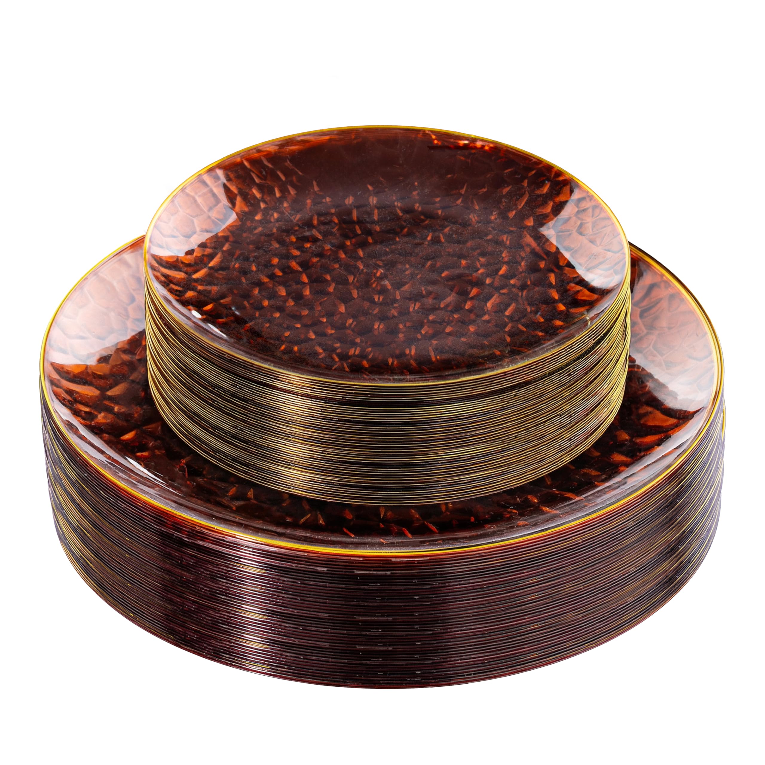 Rubtlamp 60Pcs Amber Plastic Plates - Brown Disposable Plates With Gold Rim, Clear Heavy-duty Party Plates, Hammered Plates Include 30 Dessert Platos, 30 Dinner Platos for Party Image