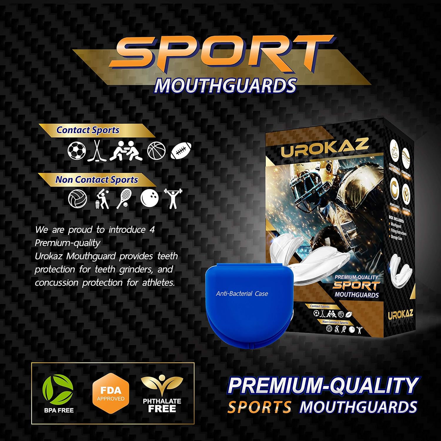 UROKAZ Football Mouth Guard Sports 3 Pieces Mouthguard and Mouthpiece for Boxing, MMA, Basketball, Lacrosse, Muay Thai, Hockey Mouthguards One Size Fit All for Contact and Non Contact Sport : Sports & Outdoors