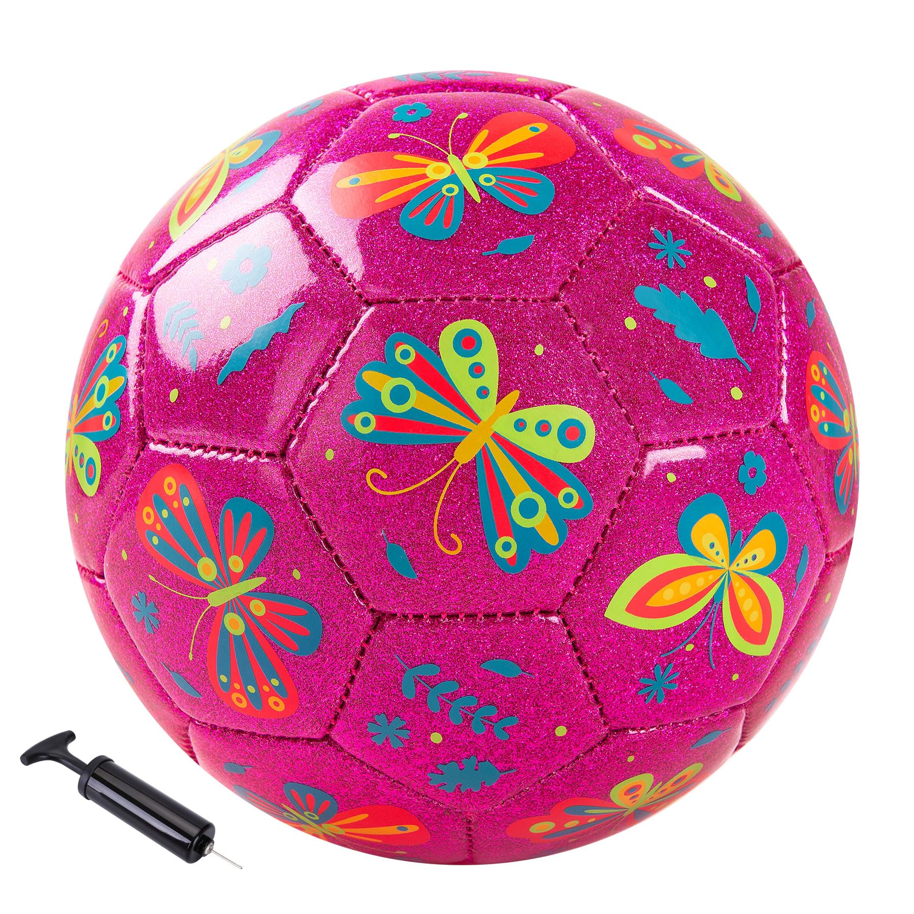 U&C Planet Size 3 Football for Kids Ages 3-8 Sparkly Rose Pink Butterfly Design Includes Hand Pump & Mesh Bag Indoor Outdoor Play Soccer Ball Gift for Children