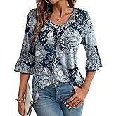 OIDUICOULD Women's 3/4 Bell Sleeve Ruffle V Neck Tops Casual Summer Knit Shirts