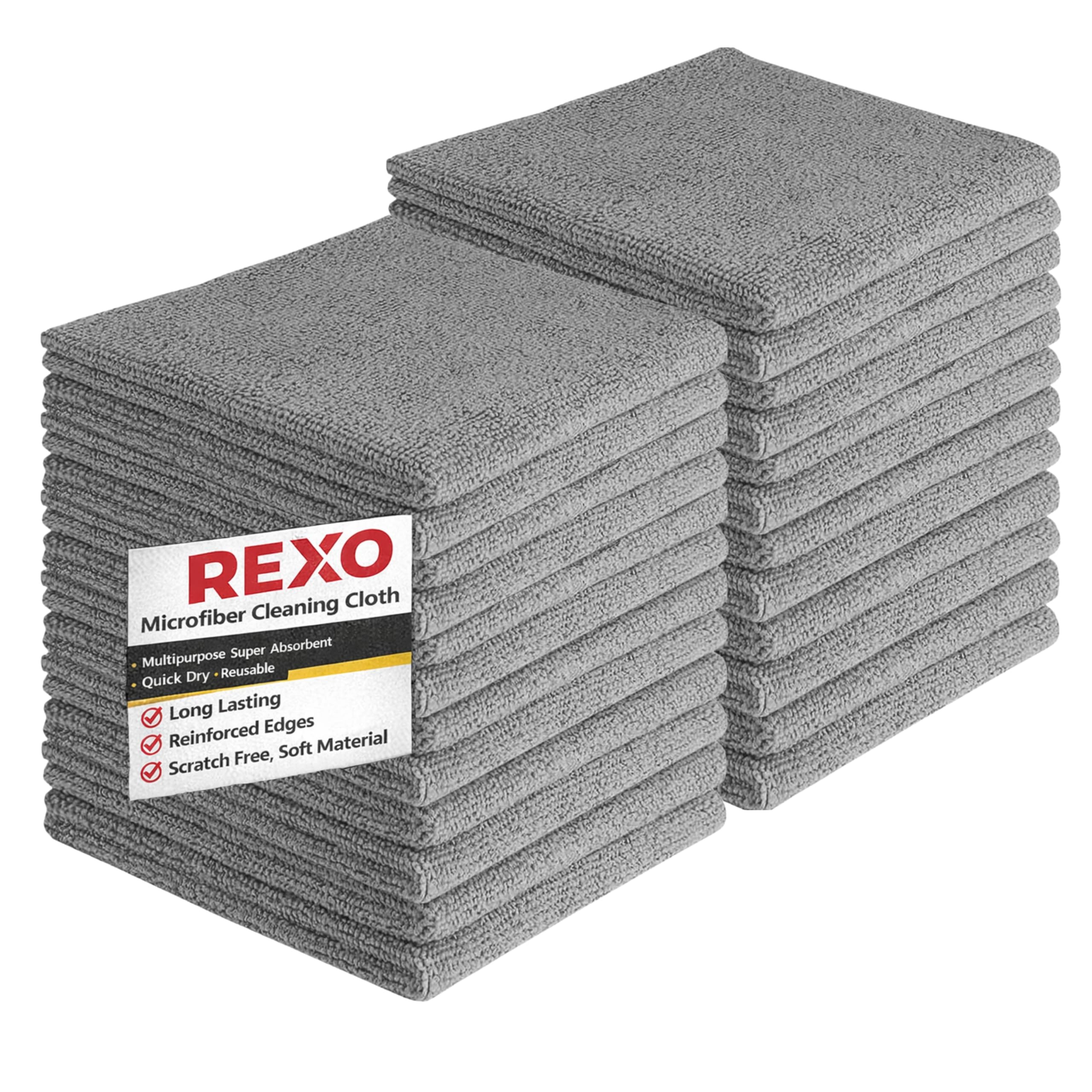 REXO - Microfibre Cloth 30x30cm Pack Of 25 Lint Free And Streak Free Cleaning Cloths Wipes For Home Furniture Polish, Kitchen, Car Cleaning, Bathroom, Window, Glass, Mirror And More (Grey)