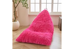XeGe Fluffy Kids Stuffed Animal Storage Bean Bag Cover (No Filler), Fuzzy Faux Fur Beanbag Organizer with Handle for Teens Girls Adults, Shaggy Furry Plush Toys Holder Floor Lounger Chair, Hot Pink
