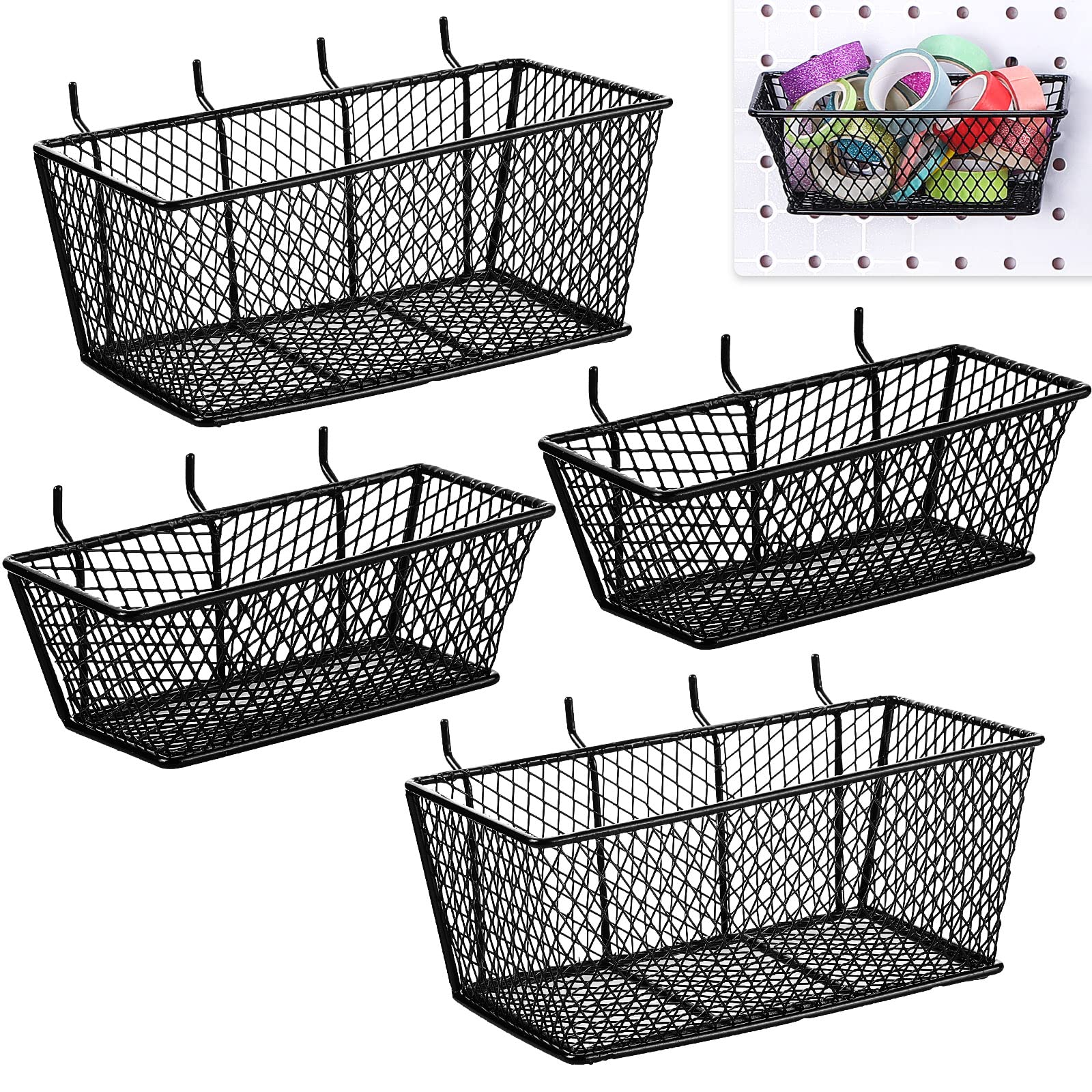 Photo 1 of Sieral 4 Pcs Black Pegboard Baskets Metal Wire Shelf Baskets Peg Board Organizer Accessories Wall Mount Organizer Attachments for Garage Workbench Various Tool Accessories, 2 Sizes (Small, Medium)