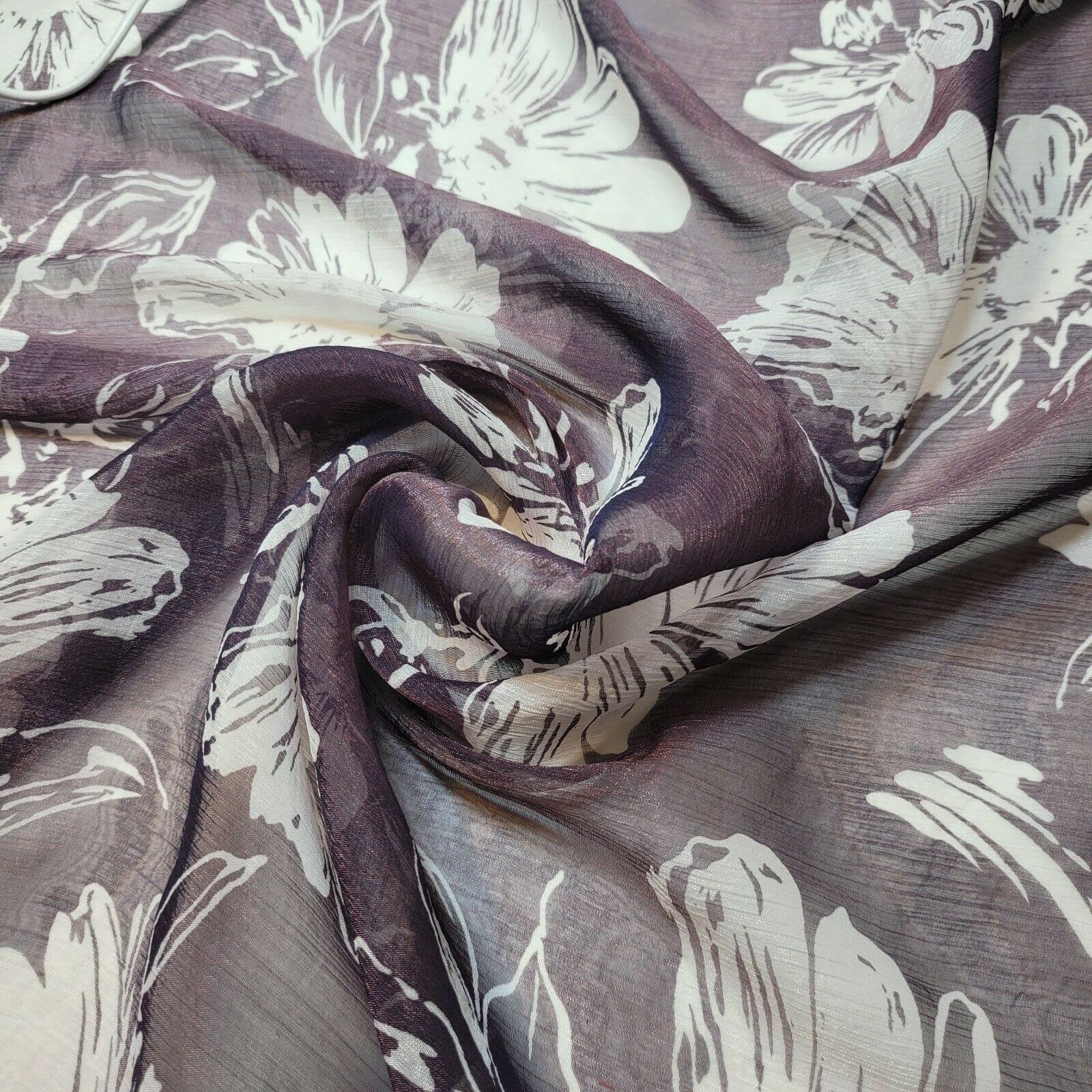 Lurex Floral Soft Crinkle Chiffon Crepe Material Dress Drape Craft Fabric 58" (Pre Cut 1 Meter) (Plum Floral)