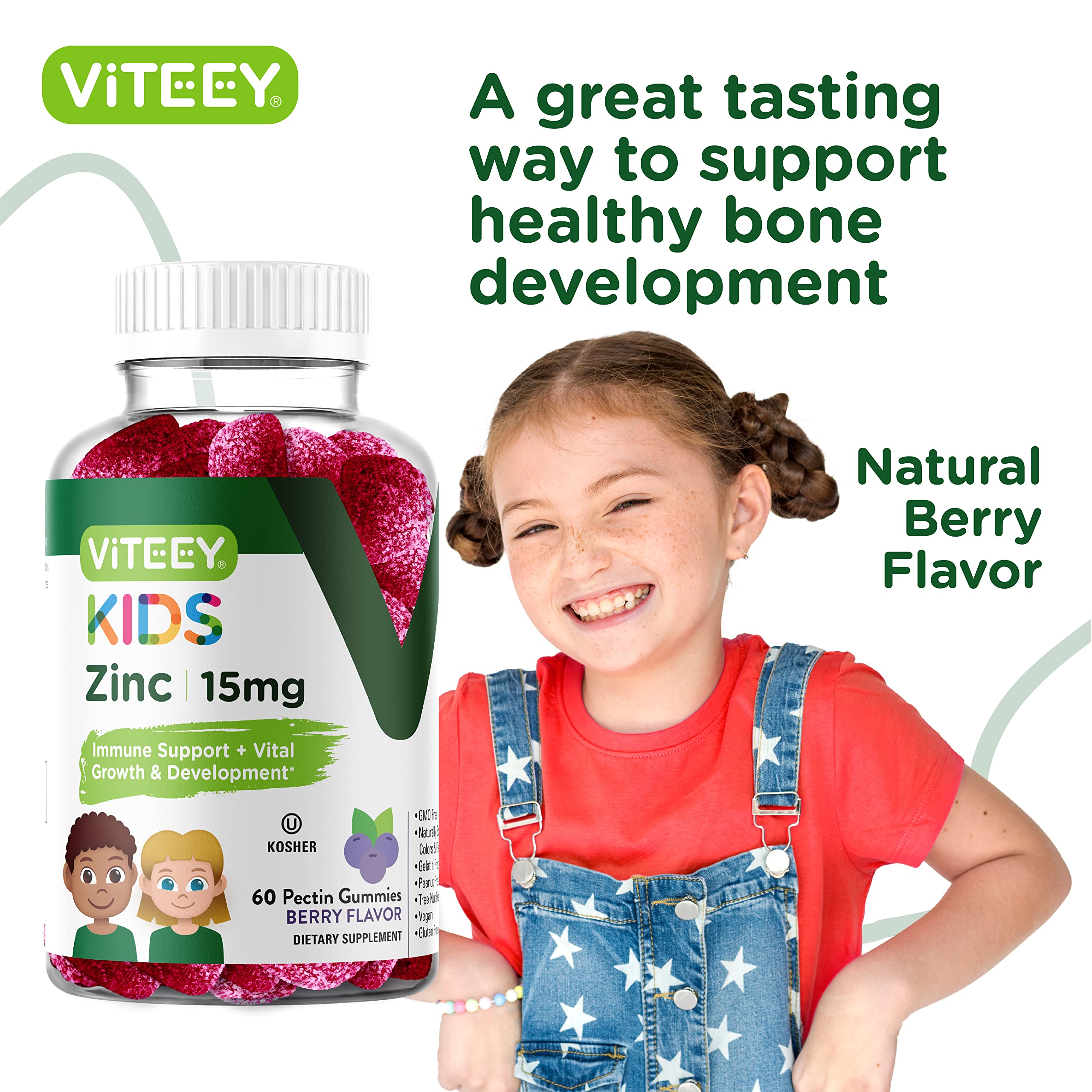 Viteey Zinc for Kids Gummies, 15mg - Immune Support - Powerful Natural Antioxidant, Kids Zinc Vitamin Supplement - Vegan, Gelatin Free, Gluten Free - Tasty Chewable Berry Flavor Gummy