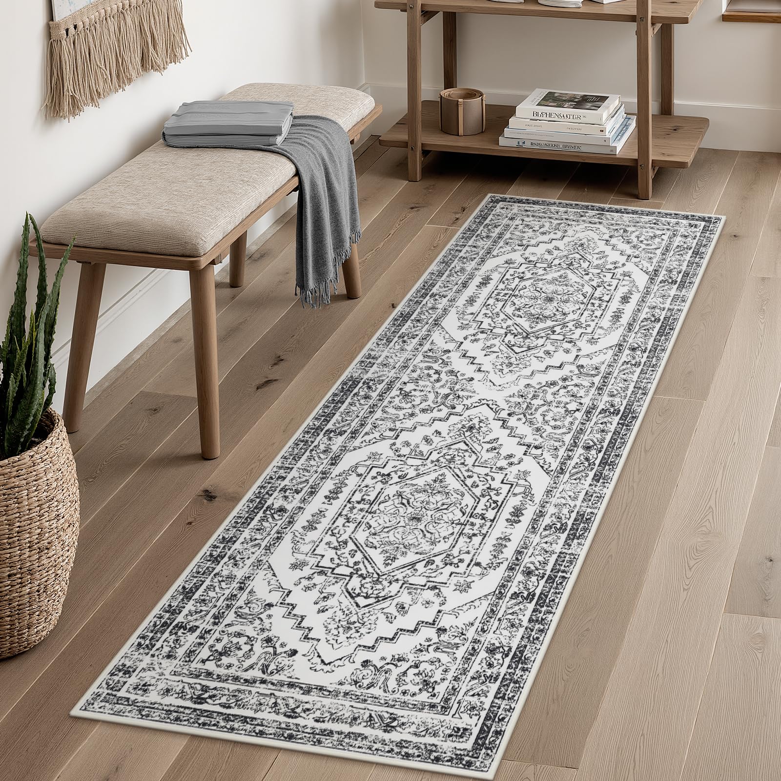 Photo 1 of Uphome Washable Runners for Hallways, 2x6 Vintage Kitchen Runner Rug Non Slip, Farmhouse Soft Hallway Rug Runner Low Pile, Stain Resistant Entryway Carpet Runner for Bedroom Bathroom, Black White