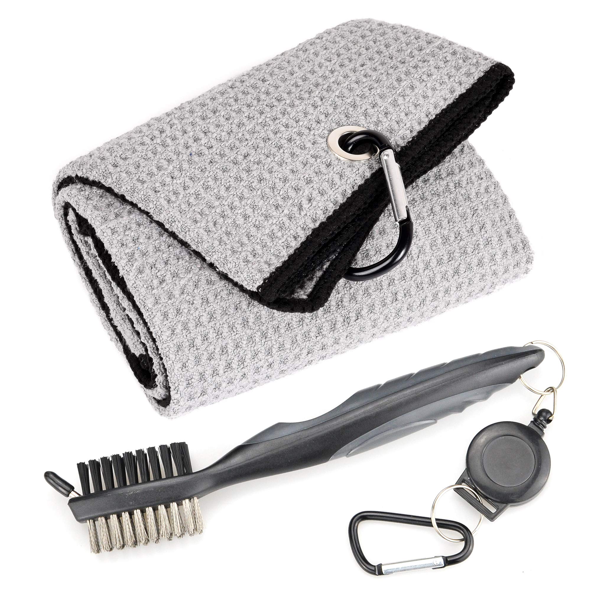 Mile High Life Microfiber Waffle Pattern Tri-fold Golf Towel | Brush Tool Kit with Club Groove Cleaner, Retractable Extension Cord and Clip (Gray Towel+Gray Brush)