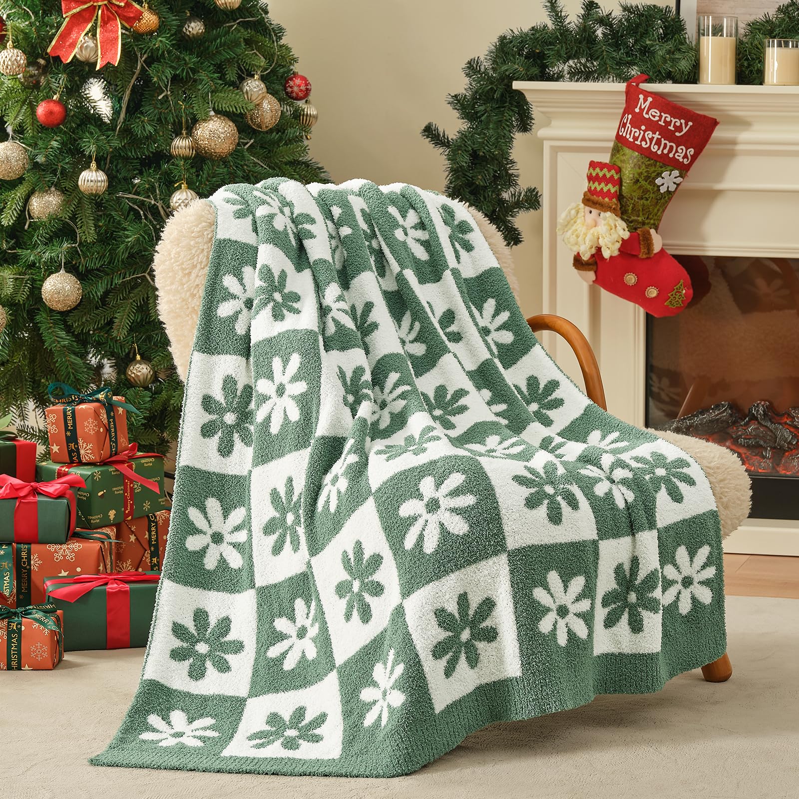 Snuggle Sac Checkered Blanket, Green Flower Throw Blanket for Christmas Couch Plaid Microfiber Fluffy Warm Cozy Fuzzy Reversible Checkerered Blankets for Sofa, Chair, Bed, 50x60 inches Image