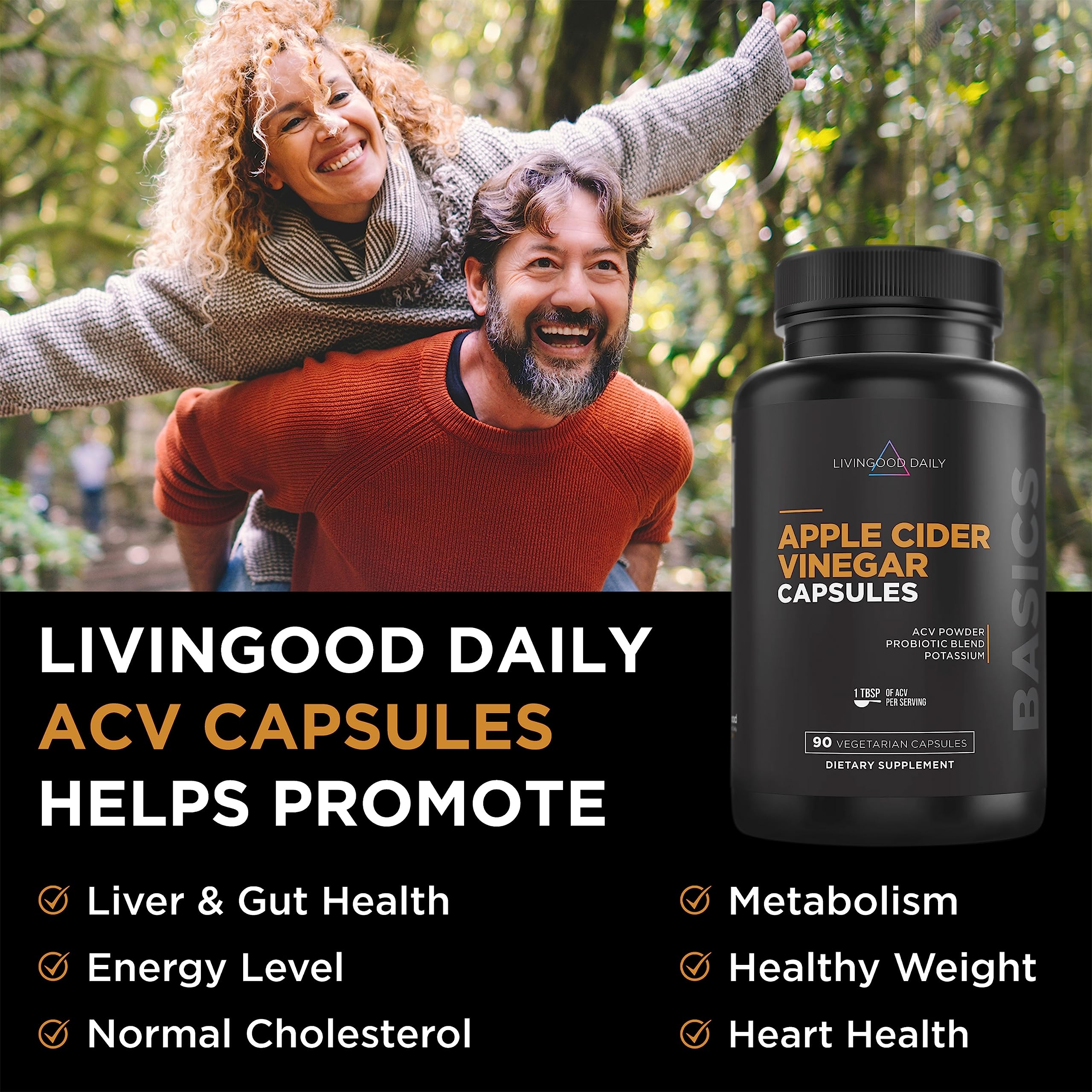 Livingood Daily Apple Cider Vinegar Capsules with The Mother (1500mg) - ACV Pills with Probiotics & Potassium for Women & Men - Supports Gut Health, Digestion, Appetite & Weight - Vegan, 90 Capsules