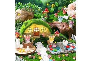 Roowest 57 Pcs Solar Fairy House Garden Accessories Light up Mushroom House Resin Fairy Figures Garden Kit Resin Miniature Fish Pond Figures Micro Landscape Outdoor Decoration