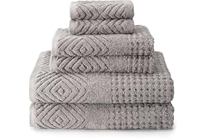 TEXERESILK Texere 100% Organic Cotton Diamond Jacquard 700 GSM Luxury Bath Towel Sets - 2 Ultra Soft, Large Bath Towels, 2 Hand Towels, 2 Washcloths (Diamond, Cathedral Gray, 6 Piece)