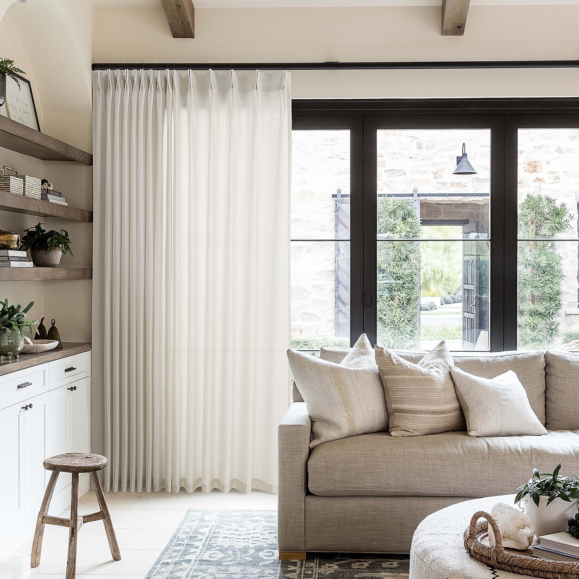 Photo 1 of Extra Wide Pleated 96 Inch Long Linen Curtains 100 Inches Wide for Living Room Light Filtering Semi Sheer Pinch Pleat Greyish Beige Curtains for Ceiling Patio Glass Sliding Door 96 Inch Length 8FT