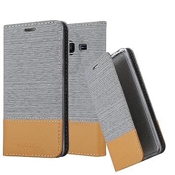 Cadorabo Hülle für Samsung Galaxy J1 Mini 2016 (6) - Hülle in HELL GRAU BRAUN – Handyhülle mit Standfunktion und Kartenfach i