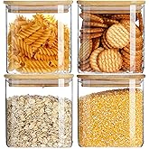 Homtop Glass Food Storage Containers with Lids 4 Pack, 4 Inch Wide Mouth 25 Oz High Borosilicate Glass Jars for Coffee Bean, Candy, Cookie, Flour, Square