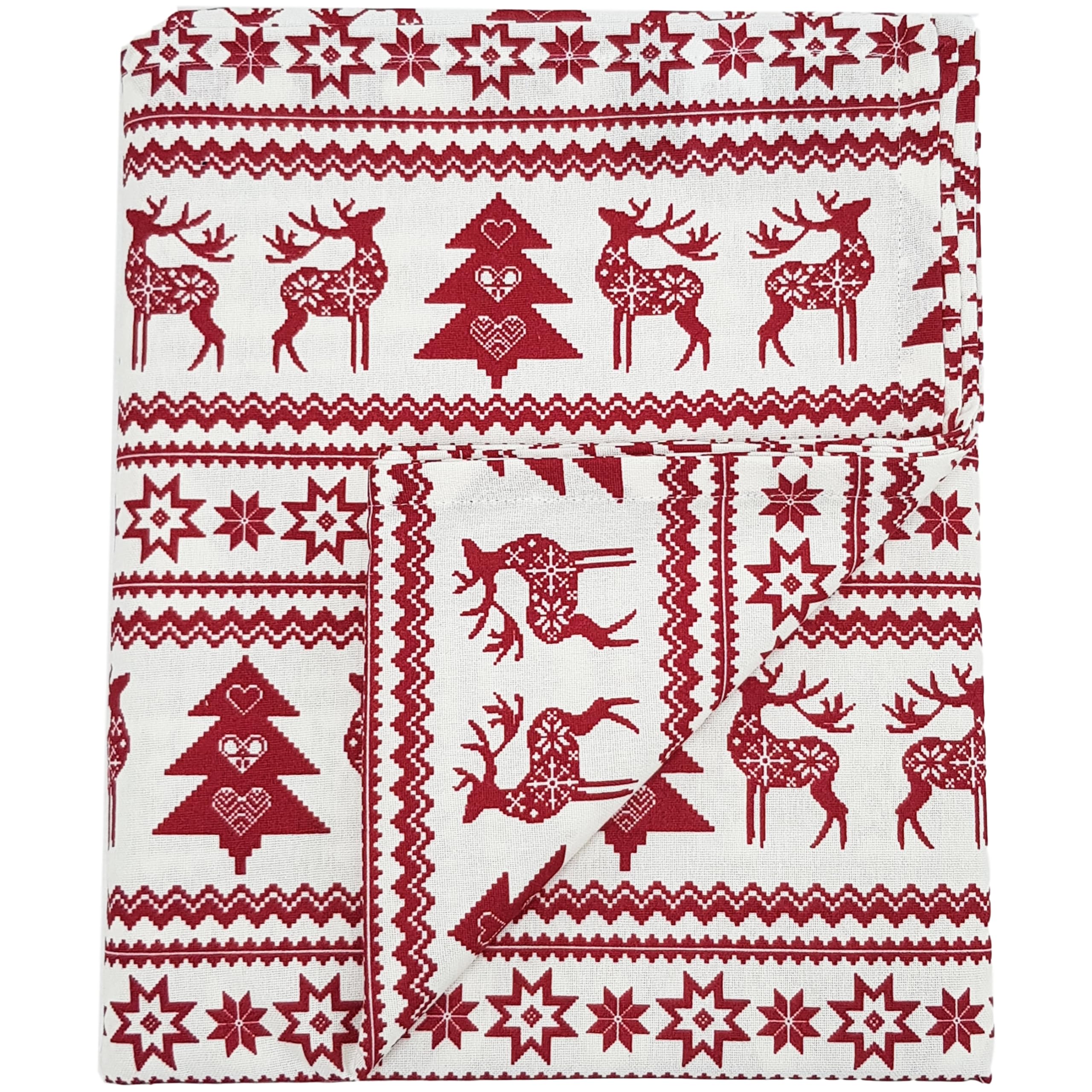 Ragged Rose Christmas Table Cloth - Festive Linen Tablecloth with Nordic Style Prints for Living Room & Kitchen - Cotton Tablecloth That Fits a 6-7 Ft Table - Red Nordic Print