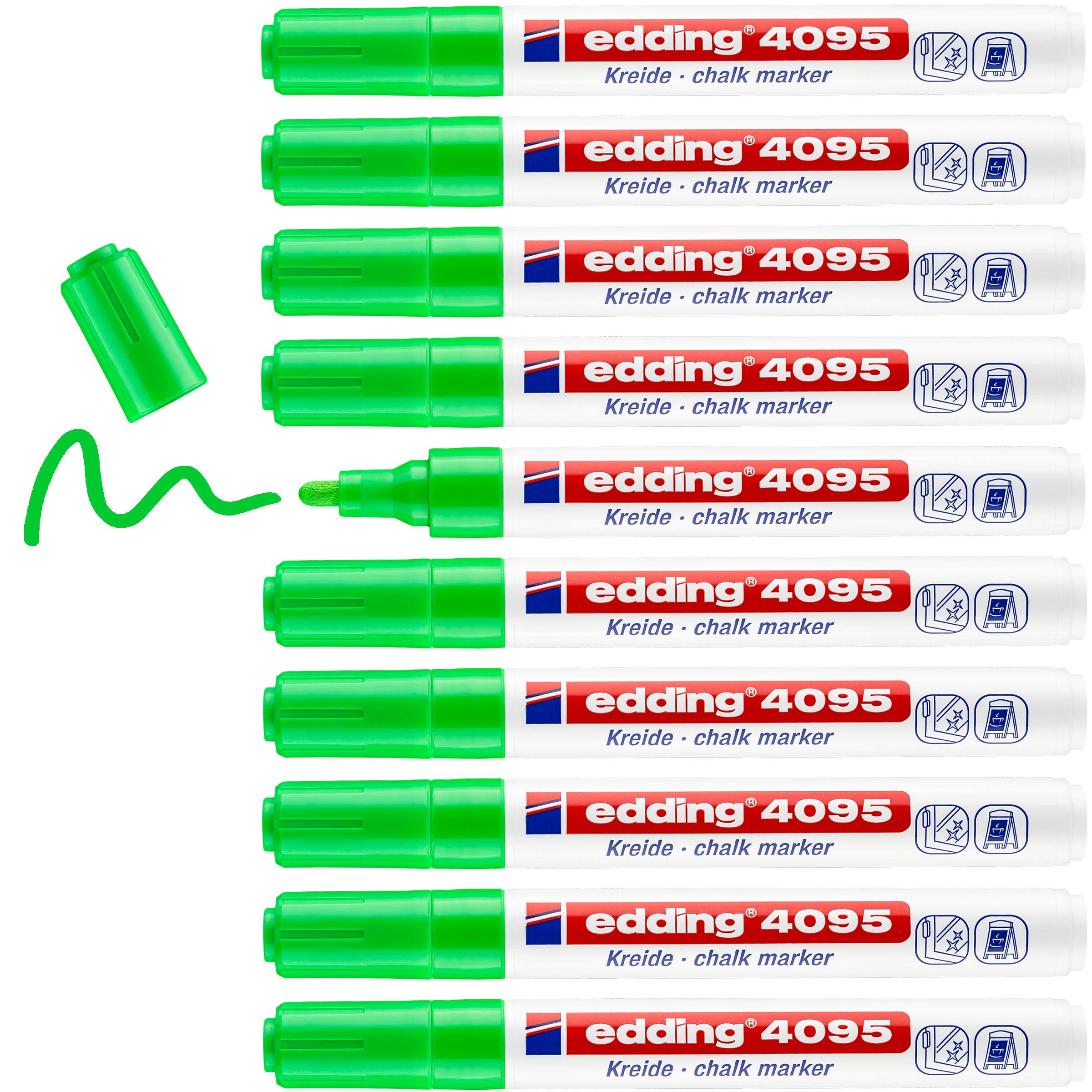 edding 4095 chalk marker - light-green - 10 chalk pens - round tip 2-3 mm - medium-tipped wet wipe pen for chalkboards, windows, glass, mirrors - liquid chalk marker pens for opaque coverage