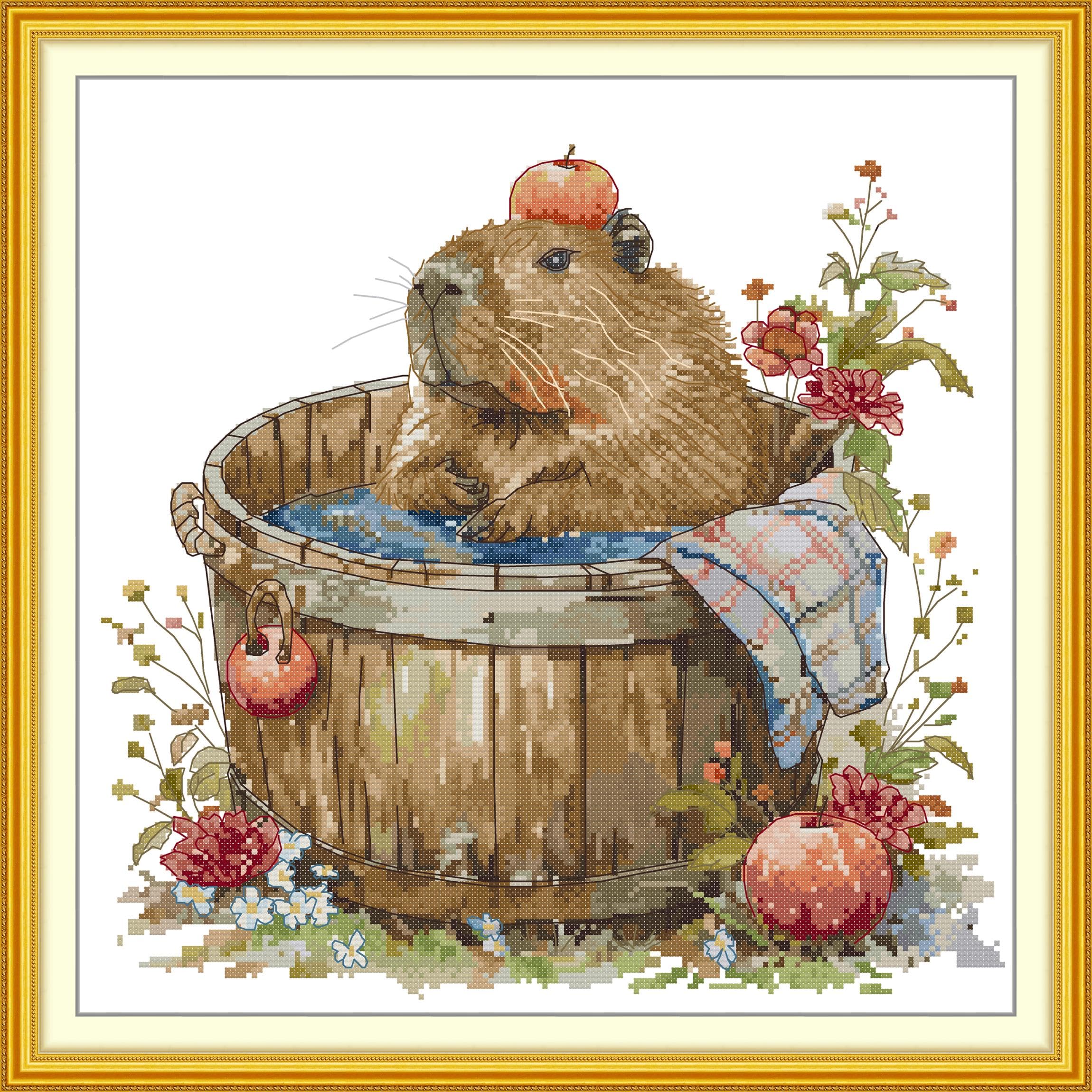 Gofission 14ct Stamped Cross Stitch Kits for Adults Beginners, Capybara in Bathtub Bathing DIY Pre Printed Cross Stitch Embroidery Set with Accessories Wall Decor 39x39cm (Animal)