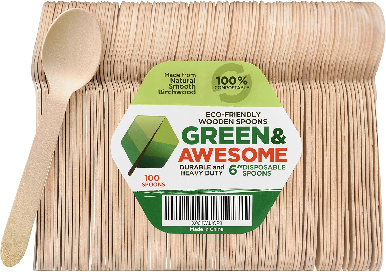 Disposable Wooden Spoons - Pack of 100, 6" Length Eco-Friendly 100% Compostable Biodegradable, Natural Wooden Utensils, Party Use, Camping by GREEN & AWESOME: Kitchen & Dining