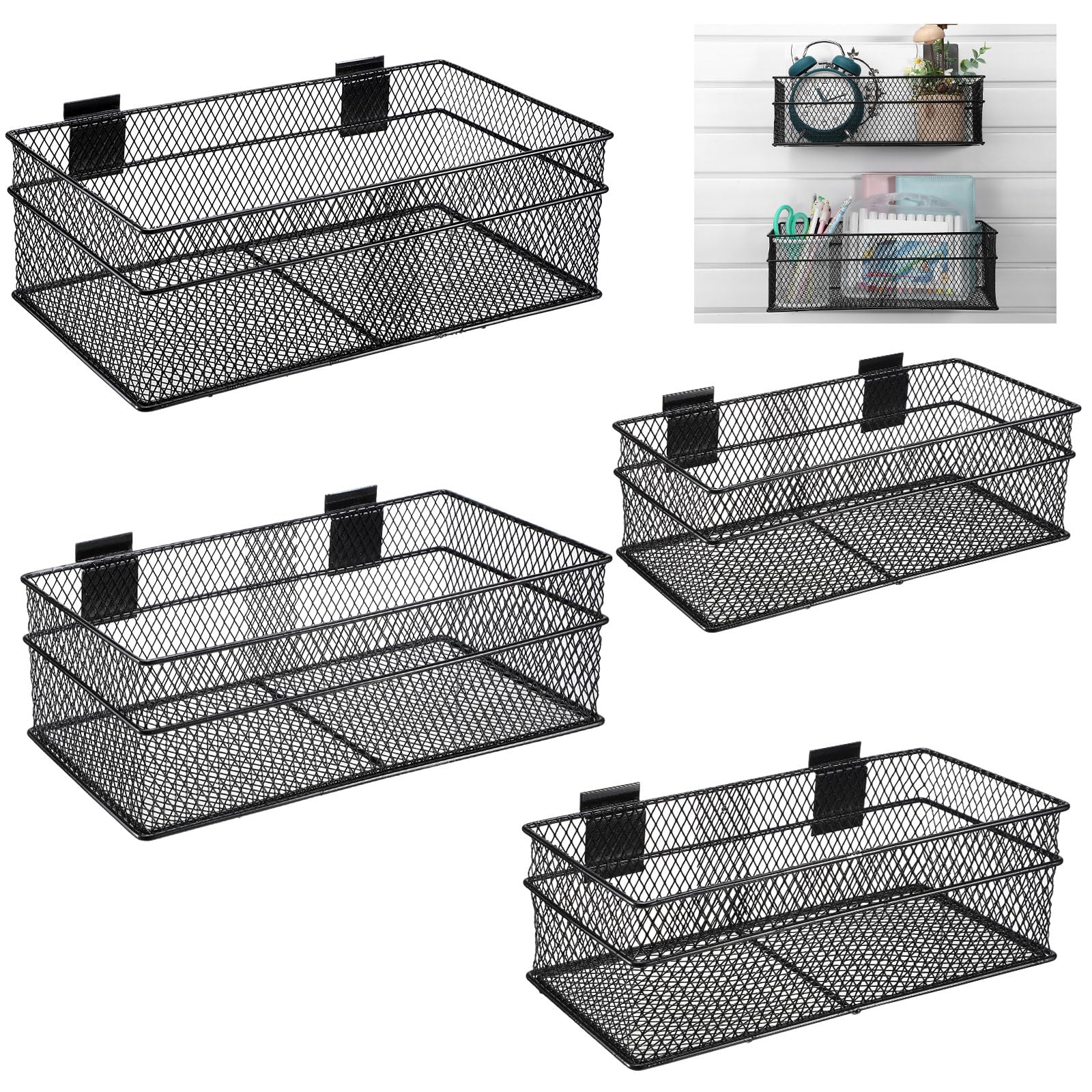 Photo 1 of Barydat 4 Pcs Slatwall Basket Set Ventilated Metal Slatwall Basket Hanging Wire Bins Wall Mounted Accessories for Panel Garage Storage Display Organizing(Multi Size,Black)