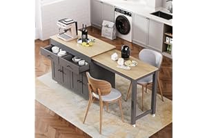 Siemd Kitchen Island with Extendable Dining Table and 2 Drawers, Rolling Kitchen Island on Wheels with Spice Rack and 4 Door 