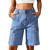 Eddoyee Bermuda Cargo Shorts for Women Casual Long Knee Length High Waisted Stretch Wide Leg Relaxed Fit